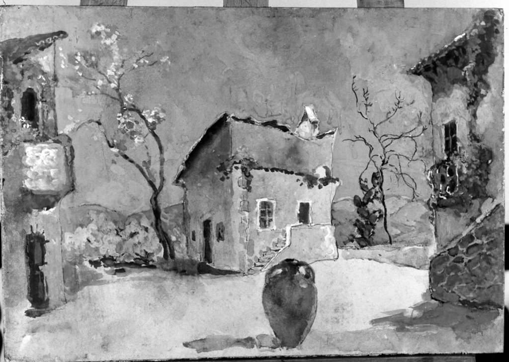veduta di un cortile con grande giara al centro (bozzetto per scenografia) by Ca